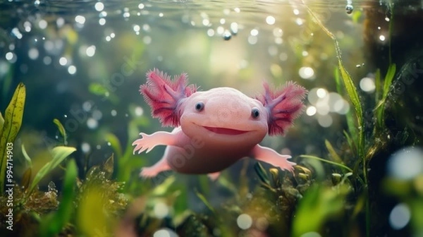 Obraz Adorable Axolotl Swimming in Underwater Habitat