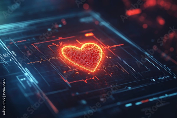 Fototapeta Glowing Red Heart on Digital ECG Display Highlighting Cardiac Rhythm
