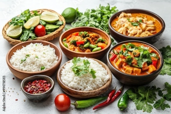 Fototapeta A Table Setting with Bowls of Rice and Curry Dishes