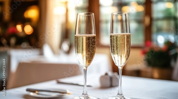 Fototapeta Two glasses of champagne on a beautifully set table in a private dining room. generative ai