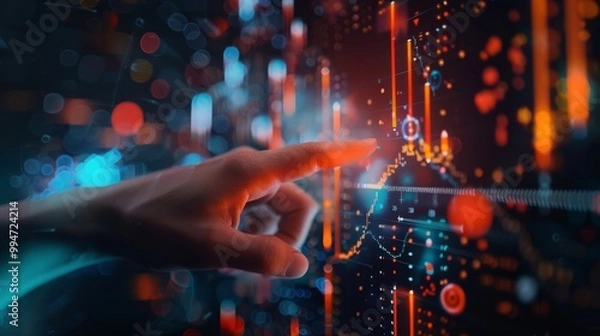 Obraz Analyst hand interacting with virtual financial data, representing strategic growth, MORE Inspirational, business concept with finger pointing at upward trend in a tech interface, dark blurred backgro
