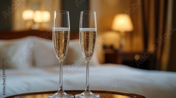 Fototapeta Two crystal glasses with champagne in a luxurious hotel suite. generative ai