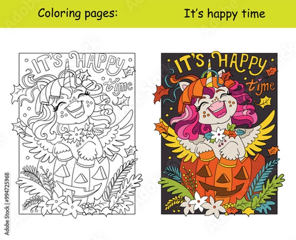 Fototapeta Halloween coloring baby unicorn and lettering vector illustration