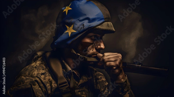 Fototapeta Nachdenklicher Soldat mit EU-Helm in dramatischer Beleuchtung - Ai-Ki generiert