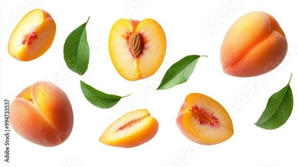 Fototapeta A close up of a peach with a leaf on it