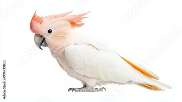 Fototapeta A white and orange parrot with a red beak stands on a white background