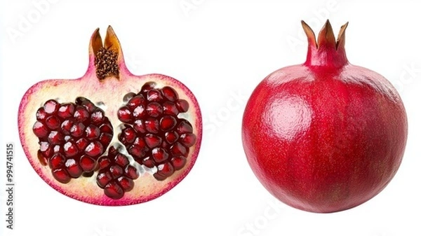Fototapeta A close up of a red pomegranate with a slice cut out of it