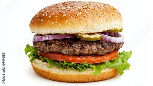 Fototapeta A hamburger with a slice of tomato and onion on top