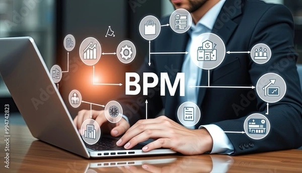 Fototapeta BPM, Business Process Management Concept. A businessman works on a laptop with virtual icons representing business process management, various elements of business strategy, efficiency, and workflow.
