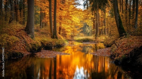 Fototapeta Autumnal Forest Stream with Reflection of Golden Leaves