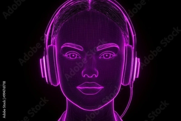 Fototapeta Glowing neon outline of a woman’s face with headphones symbolizing communication individuality and digital audio innovation in a futuristic environment