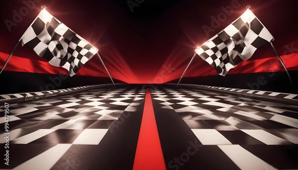 Fototapeta racing track with checkered flags on a red and black background