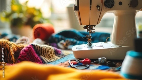 Obraz Sewing Machine with Colorful Fabrics
