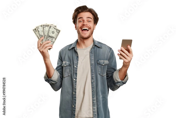 Fototapeta Happy Man Holding Cash and Smartphone Isolated on Transparent Background PNG for Financial and Technology Concepts