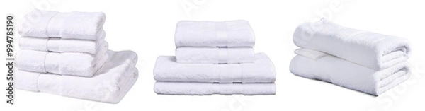 Fototapeta Group of stacked white bath towels, set of folded towels for spa, resort or home bathroom, cut out and isolated on white or transparent background. Studio product shot for design and print