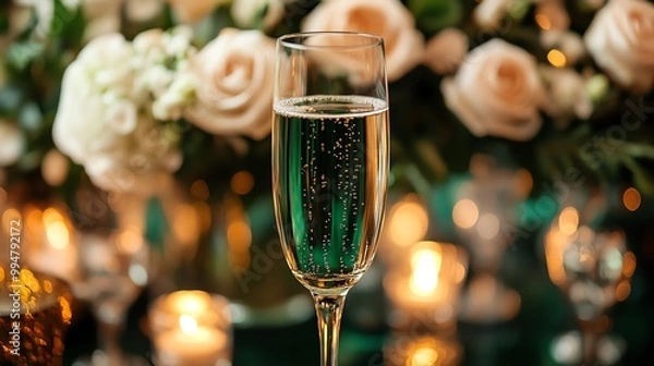Fototapeta A single glass of champagne with sparkling bubbles, set against a backdrop of roses and candlelight.