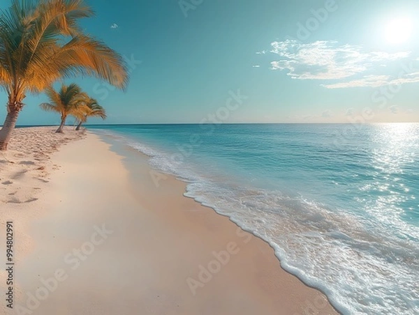 Fototapeta A clean white sandy beach stretches under a vast blue sky, with clear turquoise waters sparkling in the warm sunlight. Soft, foamy waves gently lap the shore perfect for eco-tourism posters or media.
