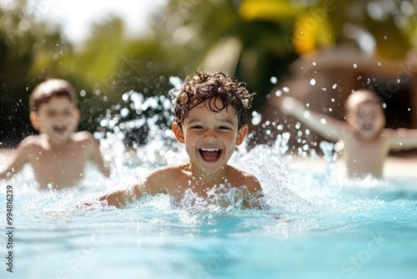 Fototapeta Children splashing in a pool under the sun on a hot Sunday afternoon, Sunday pool fun, carefree childhood
