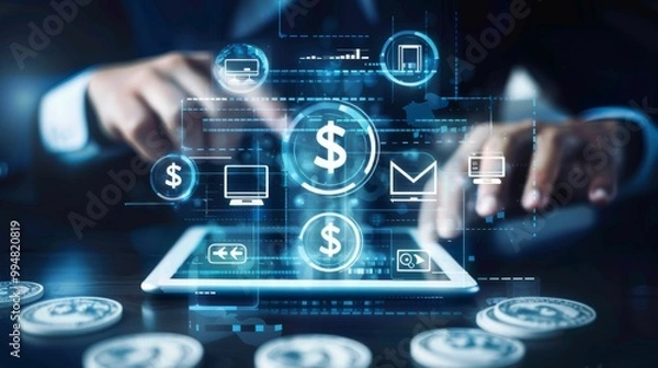 Fototapeta Digital Banking and Financial Technology Concept. A person presents digital banking and financial technology icons, and currency symbols, emphasizing modern online payment systems and e-commerce.