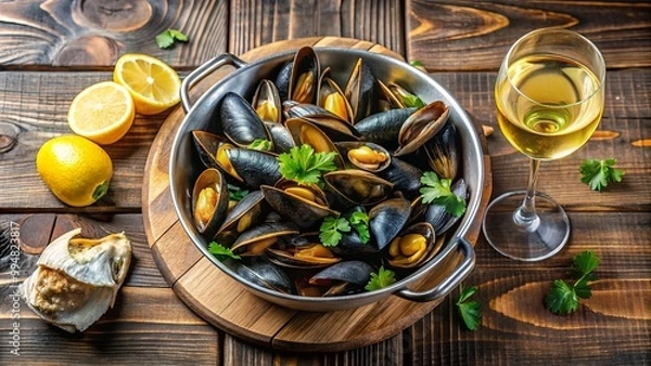 Fototapeta Freshly Cooked Mussels with a Glass of White Wine, Served on a Wooden Table with Lemon Wedges and Parsley
