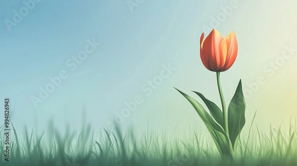 Fototapeta Minimalist tulip flower standing tall in green field under clear sky