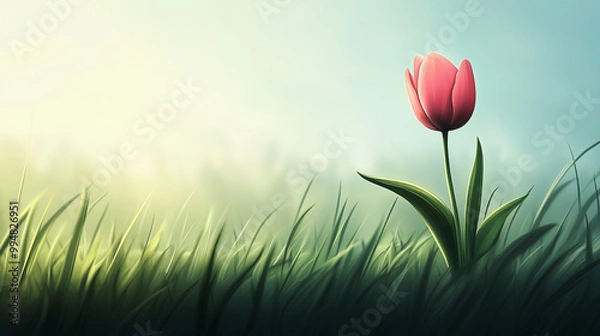 Fototapeta Single tulip flower in grassy meadow under soft morning light