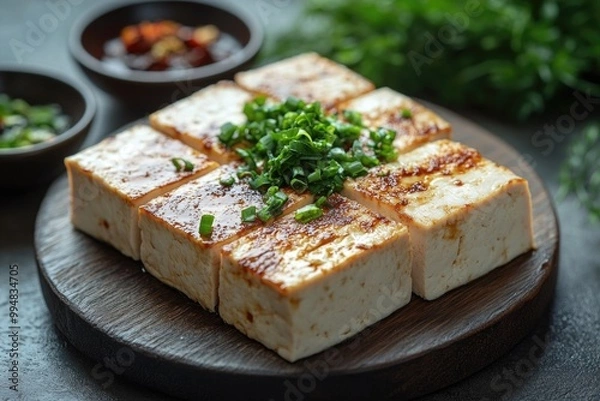 Fototapeta Versatile Wooden Plate with Tofu: Ideal for Recipes, Menus, Articles & Commercial Use - Copy Space