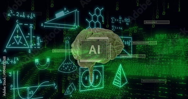 Fototapeta Image of ai text, brain and digital data processing over black background