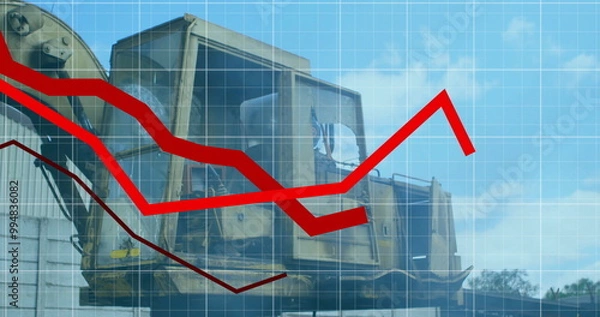 Fototapeta Red arrow and grid image over construction equipment in industrial setting