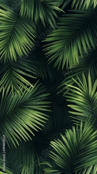 Fototapeta Lush tropical palm fronds create a dense, verdant canopy, their vibrant green hues contrasting against deep shadows, evoking a sense of exotic jungle mystery.