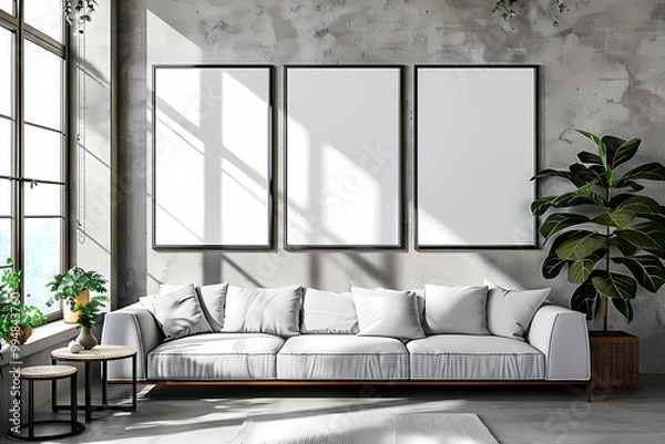 Fototapeta A modern living room featuring a white couch and three empty frames against a stylish gray wall, illuminated by soft natural light.