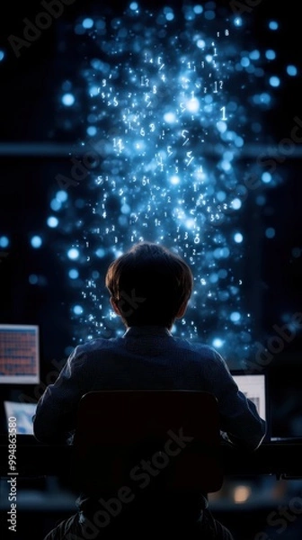 Fototapeta Person observing digital particles emerging from a computer screen.