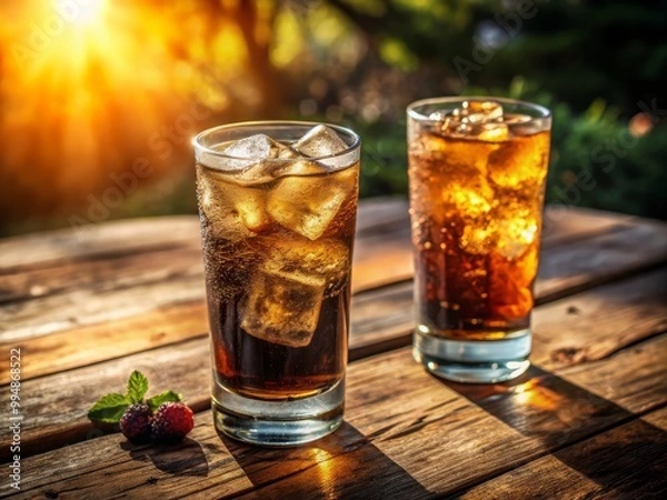 Fototapeta Two glasses sit on a rustic wooden table, as regular soda flows in on the left and diet soda flows in on the right, bathed in warm afternoon sunlight