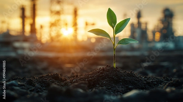 Fototapeta A young plant sprouting from the dirt, the background an industrial oil field with silos and power towers