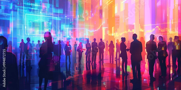 Fototapeta Vibrant Futuristic Digital Gathering with Virtual Reality Interaction and Dynamic Technology Innovation
