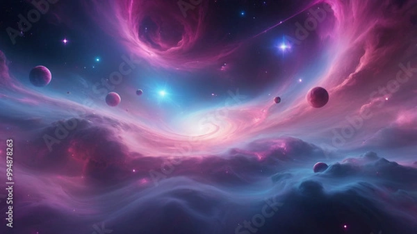 Fototapeta A mesmerizing space scene filled with vibrant purples blues and pinks swirling together in a cosmic nebula