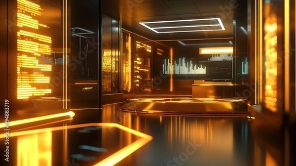 Fototapeta Futuristic Room with Glowing Neon Lights and Data Displays