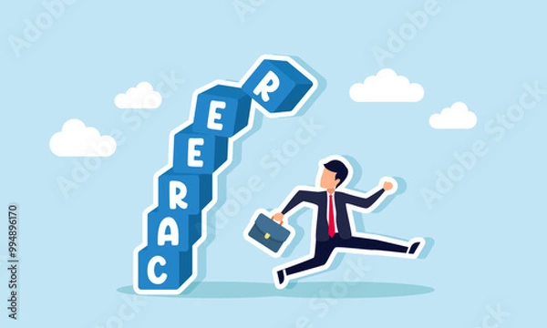 Fototapeta A businessman running to avoid a falling stack of career boxes, an illustration of saving a career or avoiding a risky career promotion.