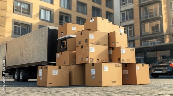 Fototapeta Cardboard boxes with shipping labels piled up in front of a delivery truck, representing logistics.
