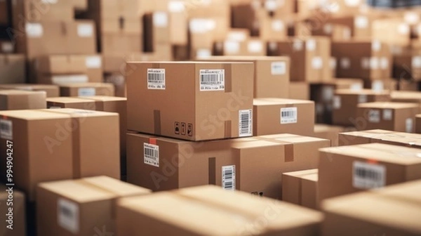 Fototapeta Stacks of brown cardboard boxes in a shipping warehouse, with barcode labels visible.