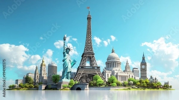 Fototapeta A cityscape with the Eiffel Tower, Statue of Liberty, and Big Ben