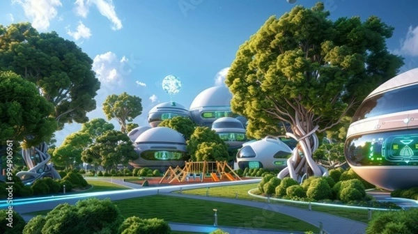 Fototapeta Hyperrealistic view of a futuristic park with robotic trees, advanced playgrounds, and holographic displays, blending nature and technology seamlessly