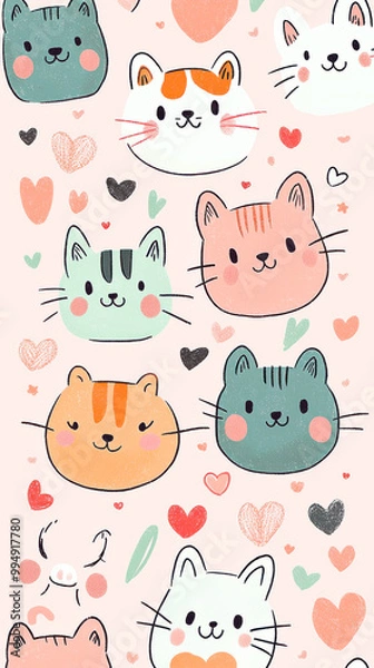 Fototapeta Cute flat pattern with cartoon cats and hearts on white background