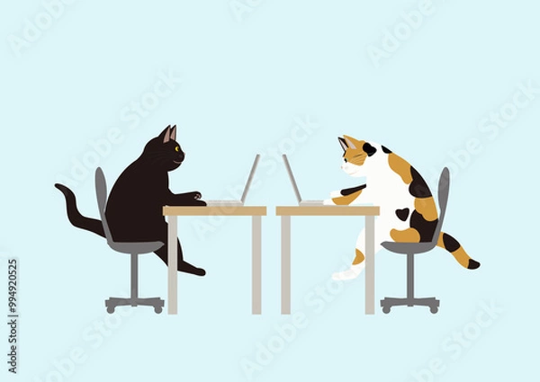 Obraz 向かい合ってノートパソコンで作業する2匹の猫　黒猫と三毛猫