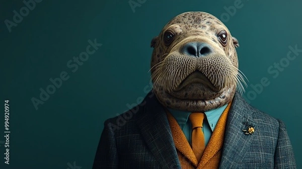 Obraz A walrus dressed in an elegant suit with a tie, confidently posing in a fashion portrait as an anthropomorphic seal.