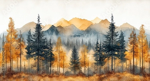 Obraz A watercolor illustration of a forest and trees, set against a white background for a clean, natural look.