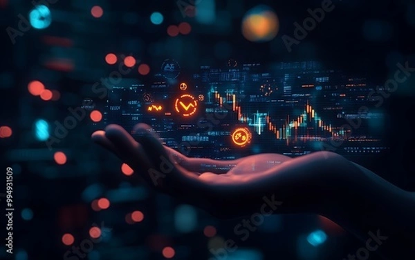 Fototapeta 3D Hand Holding Investment Portfolio with Graphs and Currency Symbols