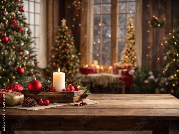 Fototapeta Empty wooden table with christmas theme in background