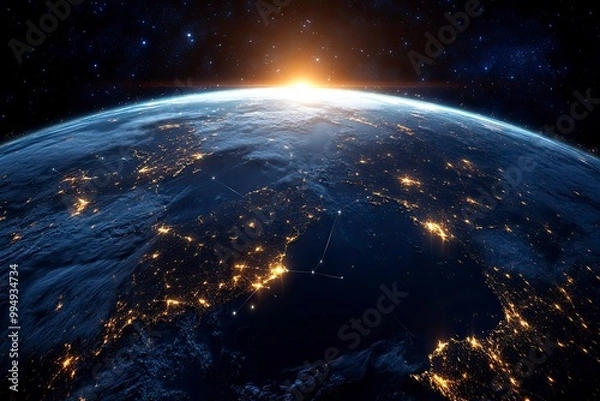 Fototapeta Night planet earth from space with light lines of communication and connection. Business and finance, concept. Global communications system and the World Wide Web. generative ai