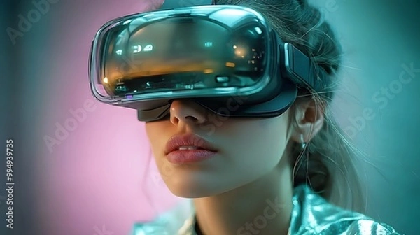 Fototapeta A young woman exploring a holographic jungle through her VR viewer hues of pink and blue